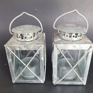 Country Style Tin Tealight Lanterns Set of 2 2.5 x 4 inches